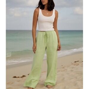 A New Day Linen Wide Leg Drawstring Pants XS Lime Pockets Lagenlook Beachy